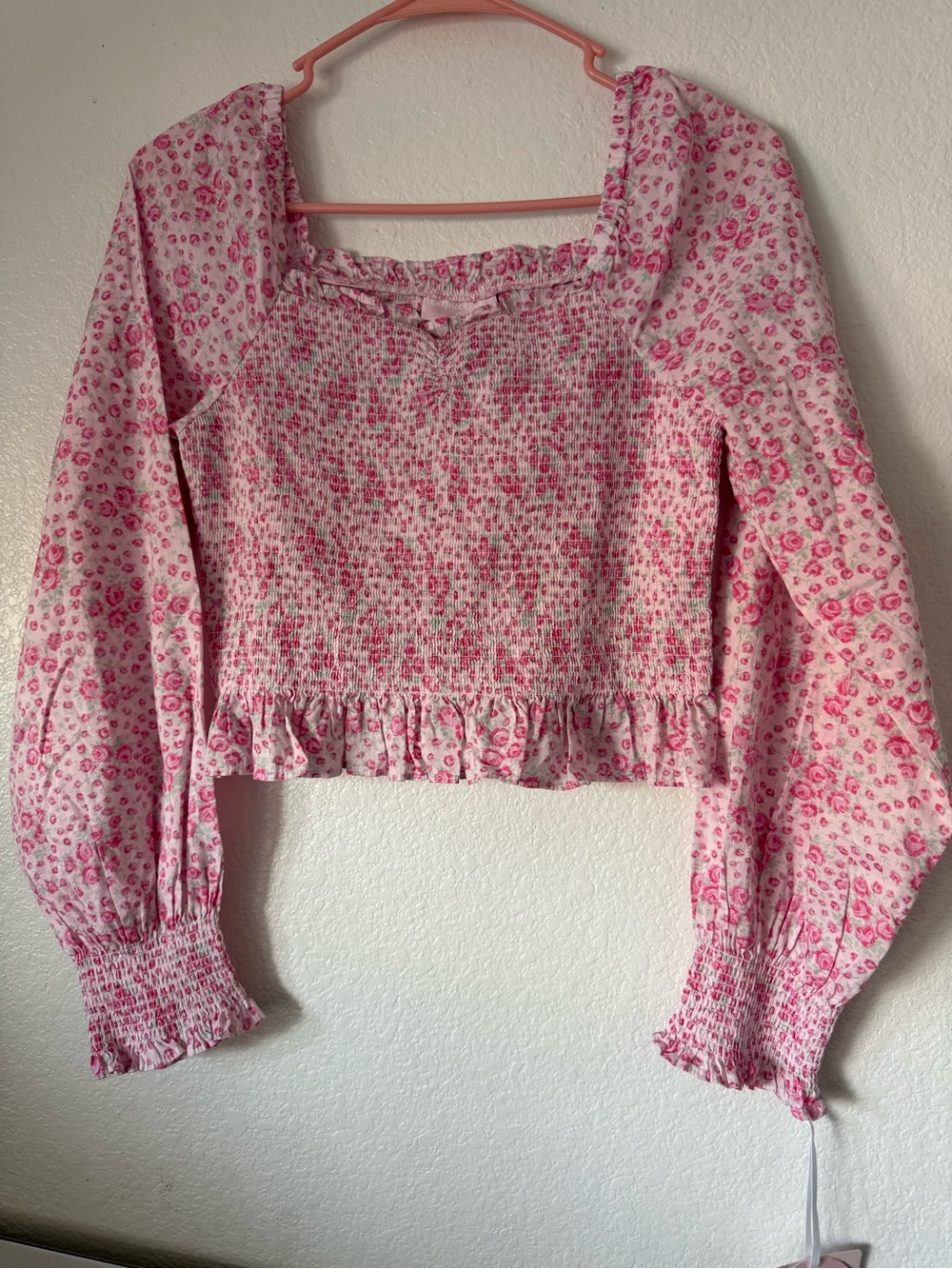 LoveShackFancy Pink Floral Smocked Crop Blouse